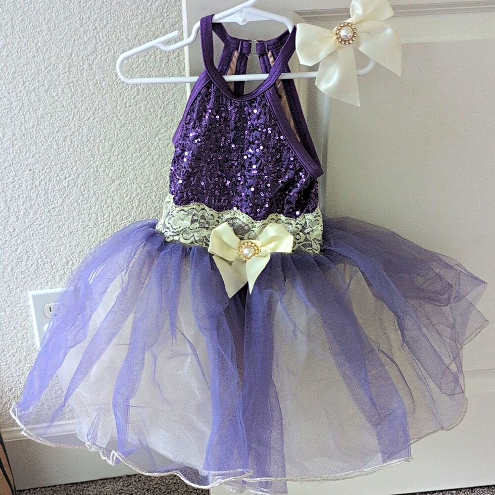 Purple Sequin Ballet Jazz Dance Costume Lot 3T 4T Toddler Girl Recital Tutu Bow